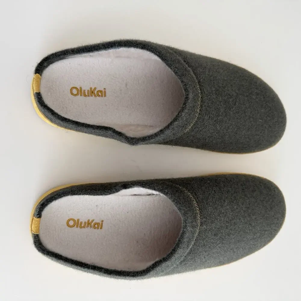 Olukai Hamani‎ Hulu Mens 12 Slippers Green Slip On Shoes Wool Warm Fuzzy Comfort